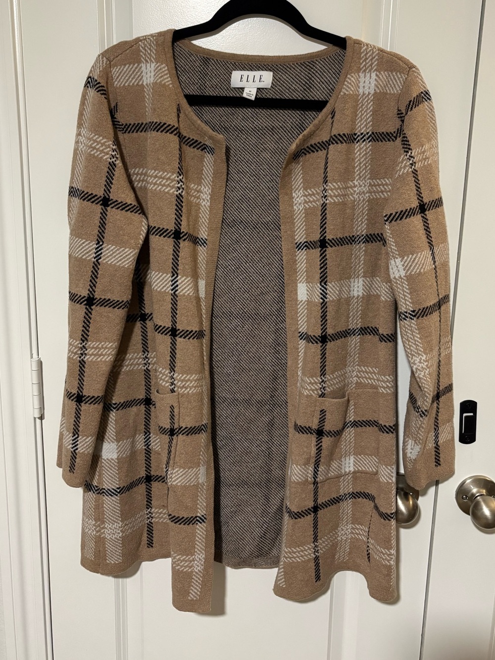 ELLE Tan Black & Cream Plaid Longline Open Front Cardigan Size M